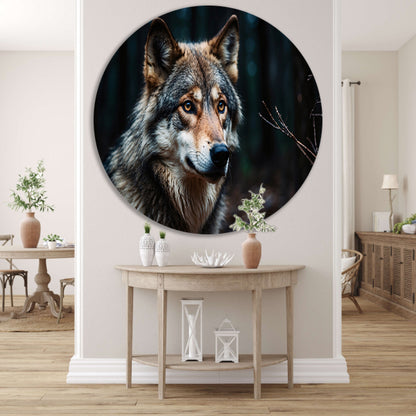 Indrukwekkende wolf in donker bos aluminium muurcirkel