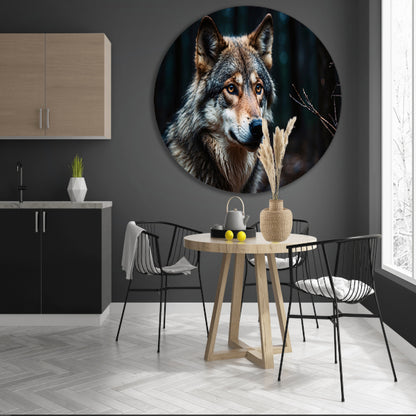 Indrukwekkende wolf in donker bos aluminium muurcirkel