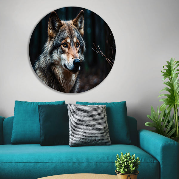 Indrukwekkende wolf in donker bos aluminium muurcirkel