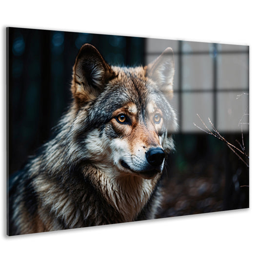 Indrukwekkende wolf in donker bos acrylglas