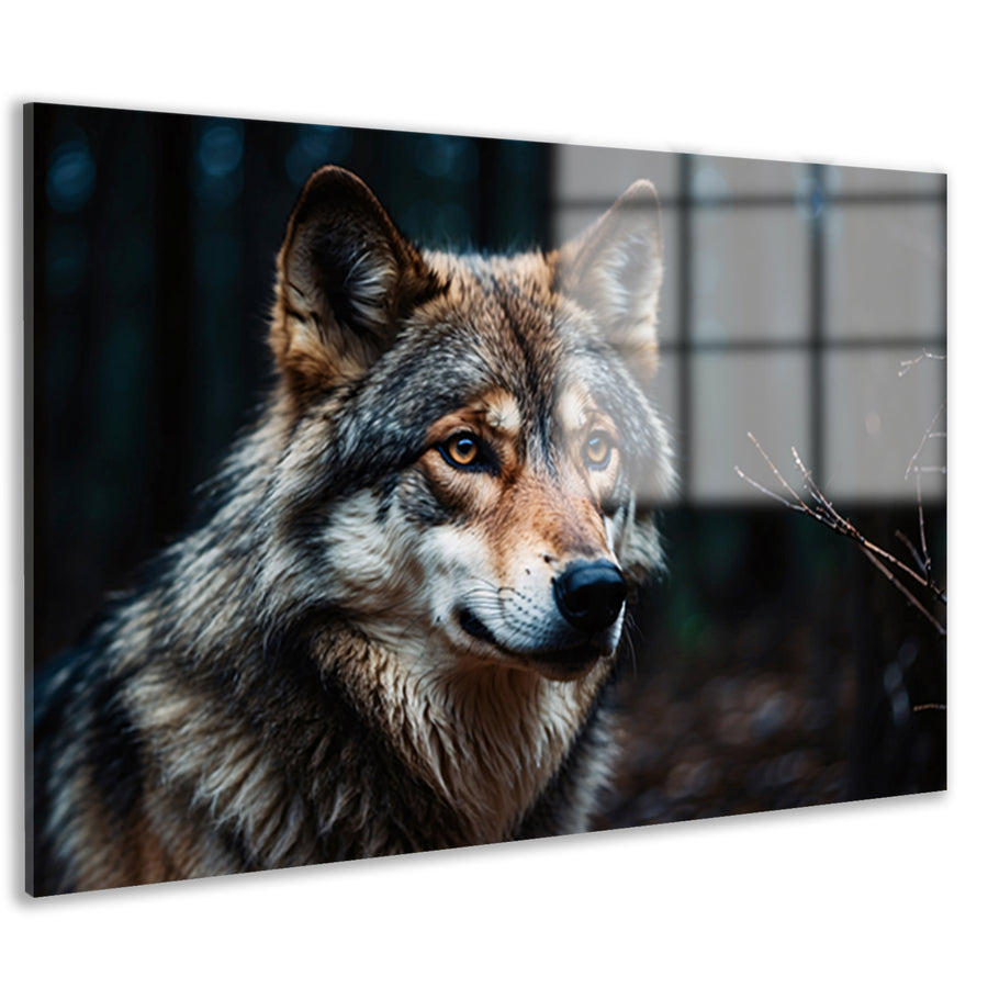 Indrukwekkende wolf in donker bos acrylglas