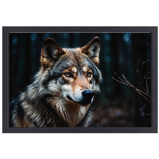 Indrukwekkende wolf in donker bos canvas met baklijst