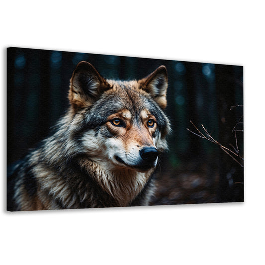 Indrukwekkende wolf in donker bos canvas