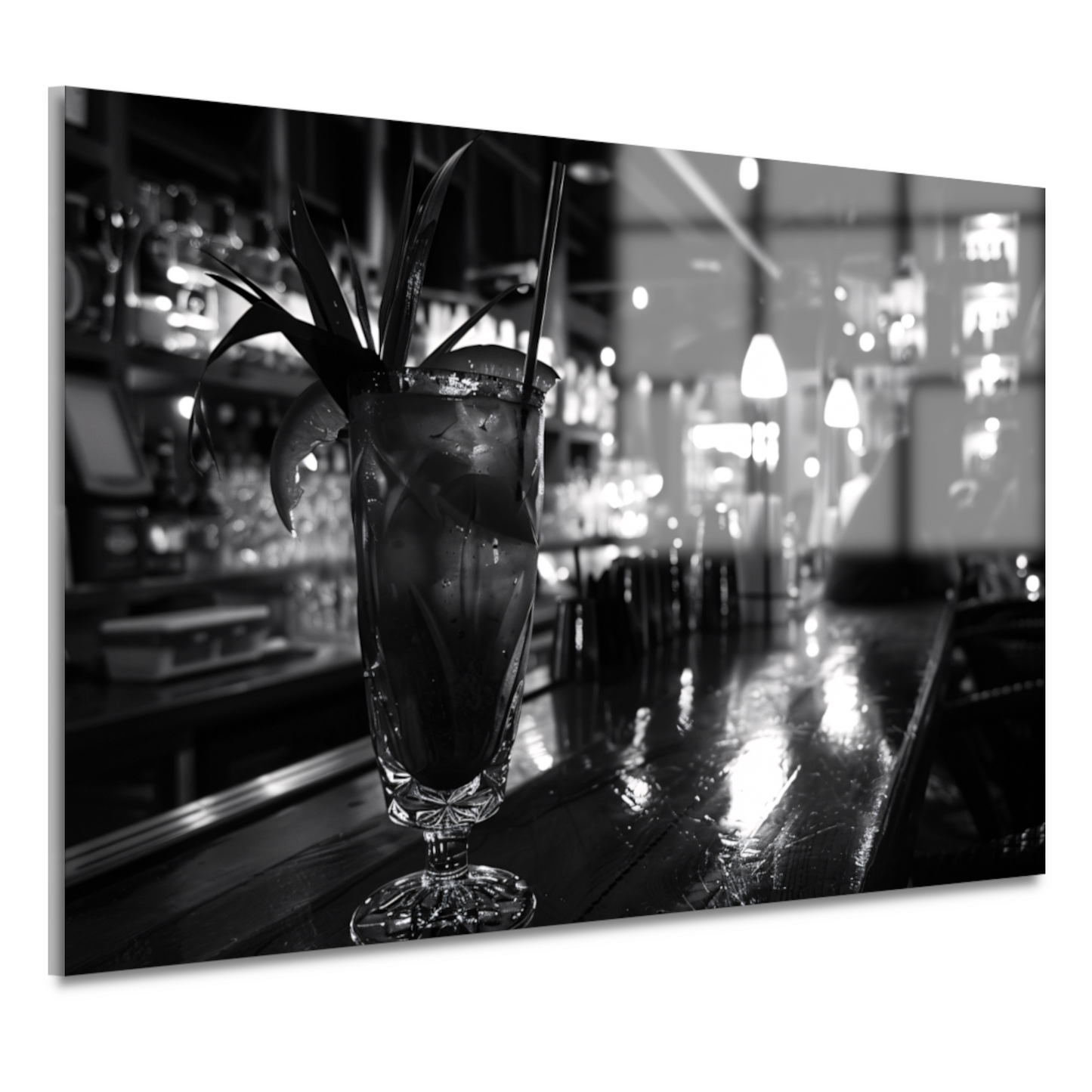 Zwart-wit cocktailglas op houten bar acrylglas