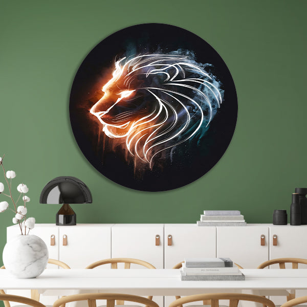 Kosmische Leeuw in Sterrennevel Lijntekening aluminium muurcirkel