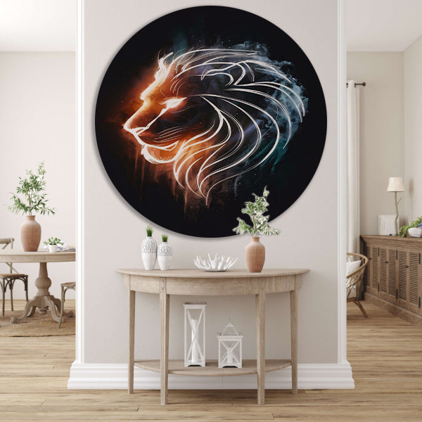 Kosmische Leeuw in Sterrennevel Lijntekening aluminium muurcirkel