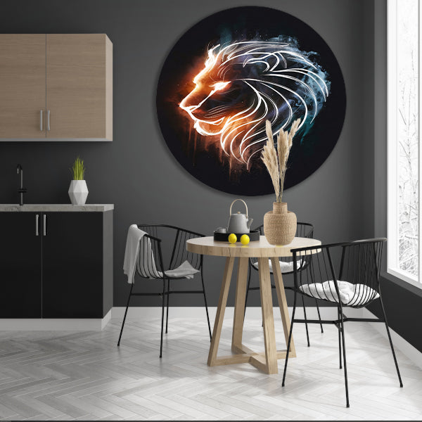 Kosmische Leeuw in Sterrennevel Lijntekening aluminium muurcirkel