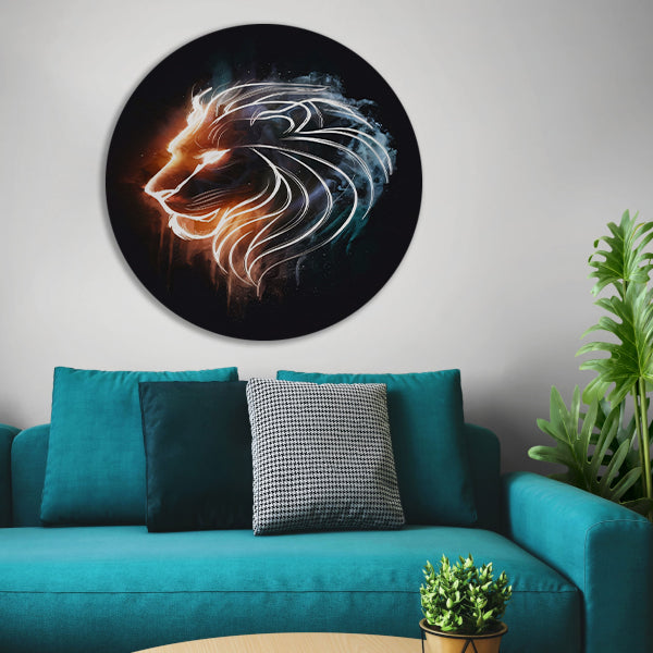 Kosmische Leeuw in Sterrennevel Lijntekening aluminium muurcirkel