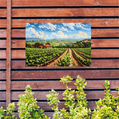 Rustige wijngaard met landhuis onder blauwe lucht tuinposter
