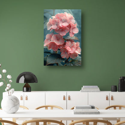 Close-up van Roze Hortensia met Bladeren canvas met baklijst