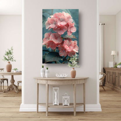 Close-up van Roze Hortensia met Bladeren canvas met baklijst
