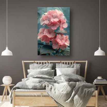 Close-up van Roze Hortensia met Bladeren canvas met baklijst