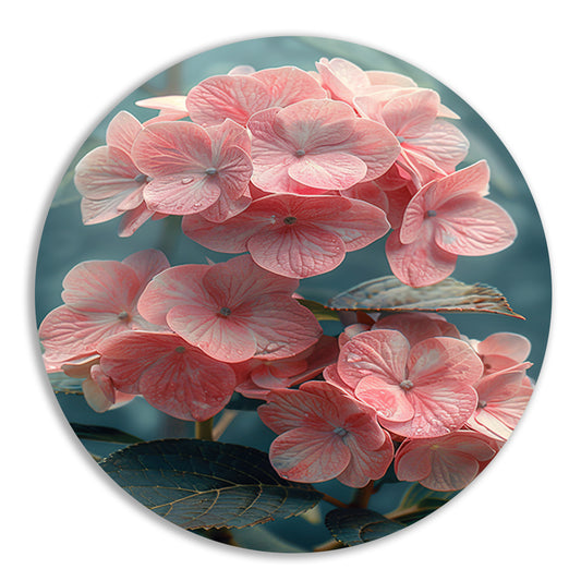 Close-up van Roze Hortensia met Bladeren aluminium muurcirkel