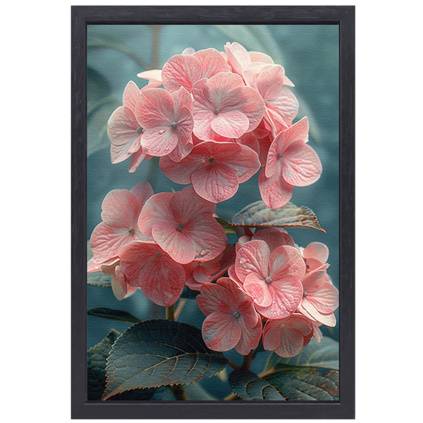 Close-up van Roze Hortensia met Bladeren canvas met baklijst