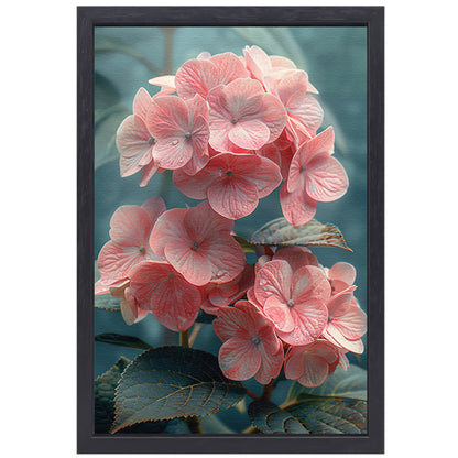 Close-up van Roze Hortensia met Bladeren canvas met baklijst