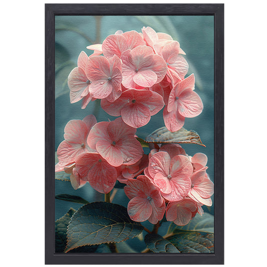 Close-up van Roze Hortensia met Bladeren canvas met baklijst