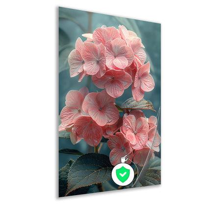 Close-up van Roze Hortensia met Bladeren poster