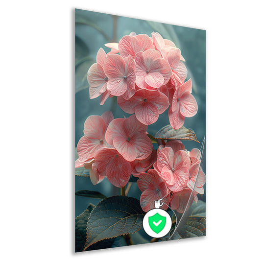 Close-up van Roze Hortensia met Bladeren poster