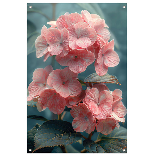 Close-up van Roze Hortensia met Bladeren tuinposter