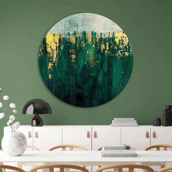 Abstract groen en goud kunst schilderij aluminium muurcirkel