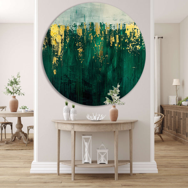 Abstract groen en goud kunst schilderij aluminium muurcirkel