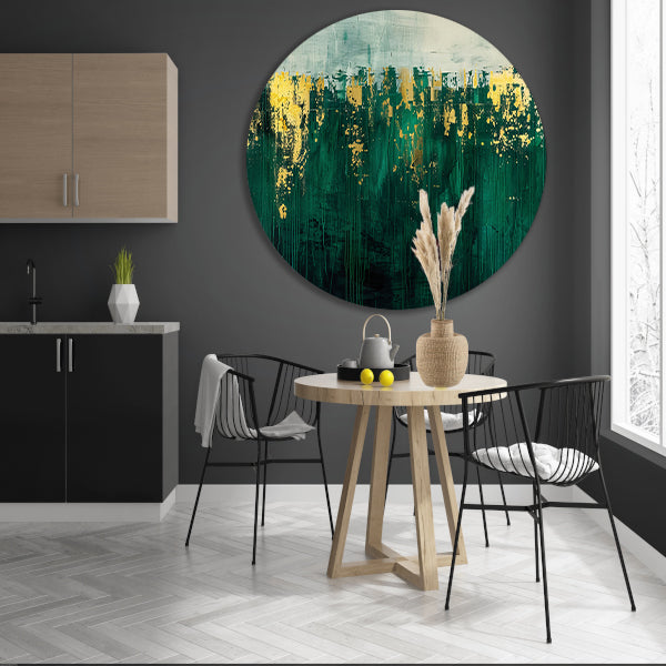 Abstract groen en goud kunst schilderij aluminium muurcirkel