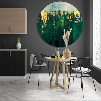Abstract groen en goud kunst schilderij aluminium muurcirkel