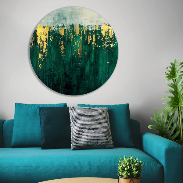 Abstract groen en goud kunst schilderij aluminium muurcirkel