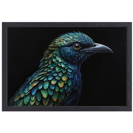 De Verborgen Dieptes van een Kleurrijke Vogel canvas met baklijst