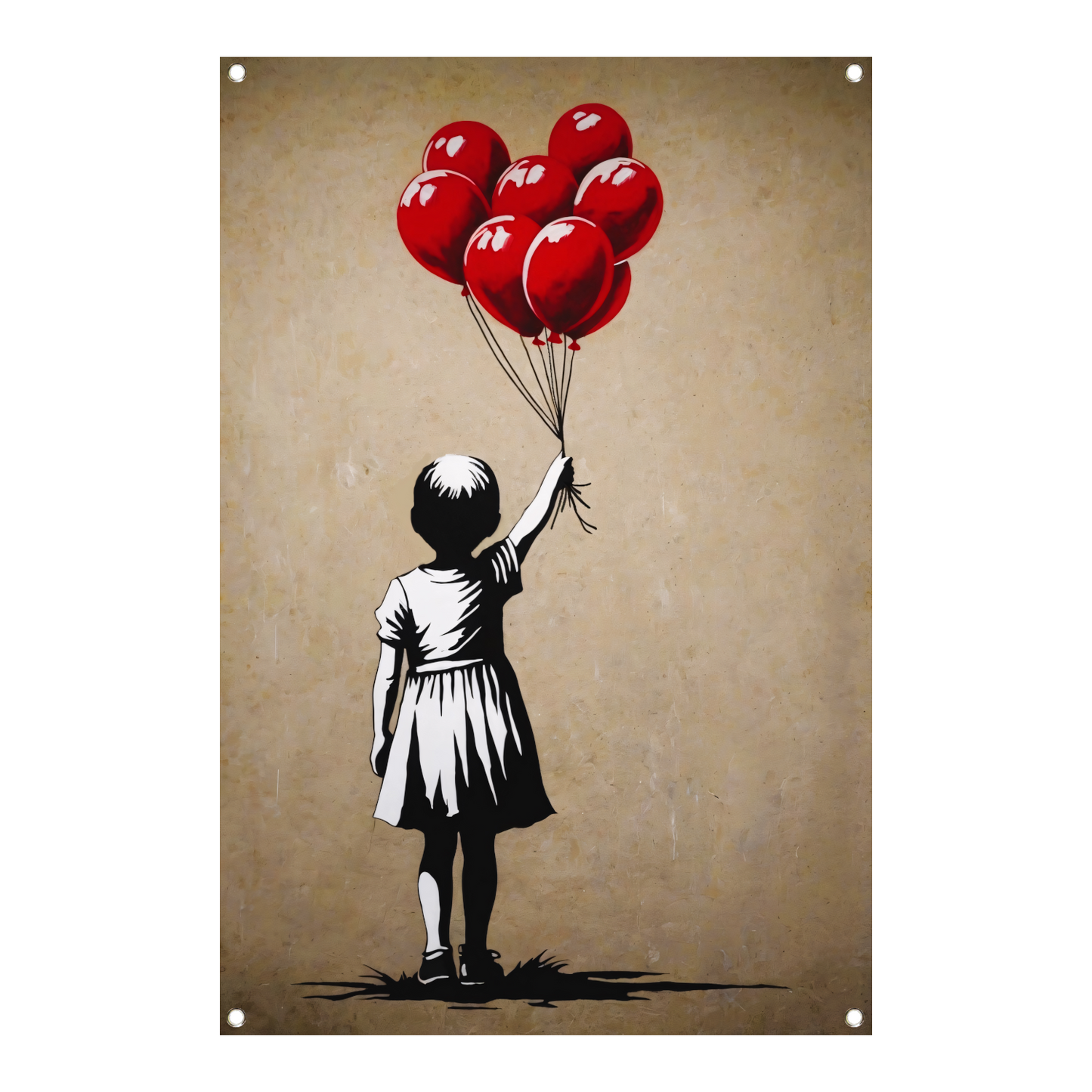 Silhouet meisje met glanzende rode ballonnen tuinposter