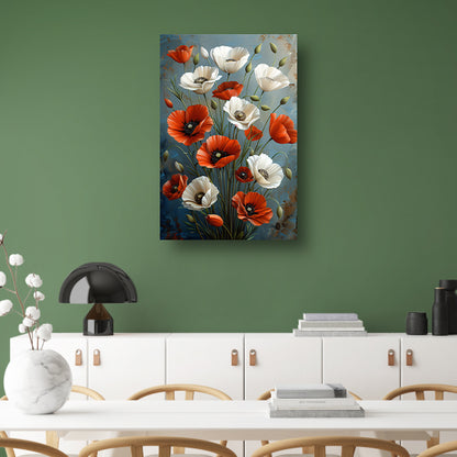 Rode en Witte Bloemen op Blauwe Achtergrond Schilderij acrylglas