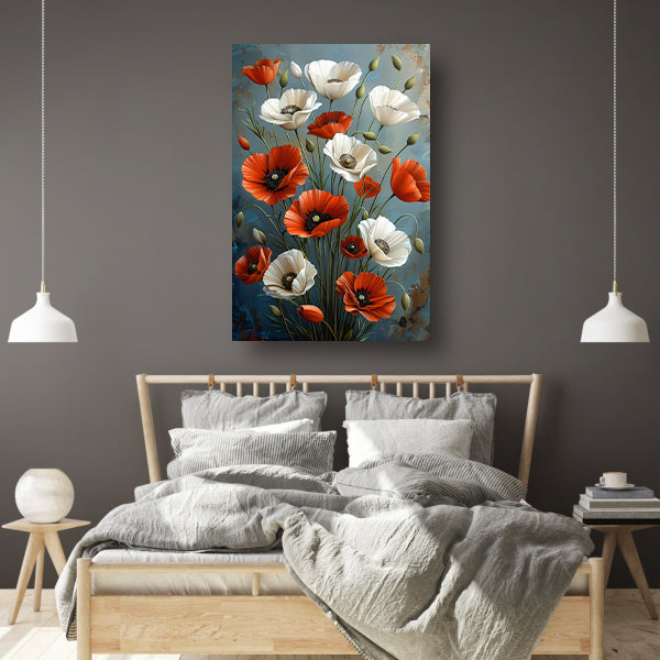 Rode en Witte Bloemen op Blauwe Achtergrond Schilderij canvas met baklijst