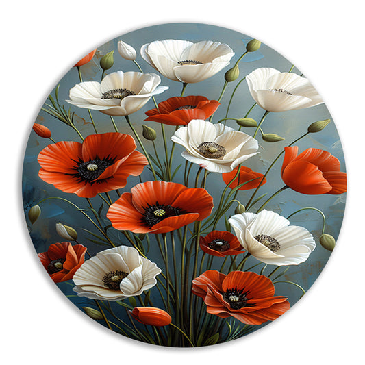 Rode en Witte Bloemen op Blauwe Achtergrond Schilderij forex muurcirkel
