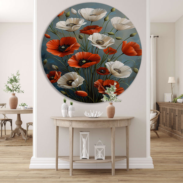 Rode en Witte Bloemen op Blauwe Achtergrond Schilderij aluminium muurcirkel