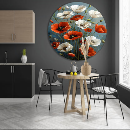 Rode en Witte Bloemen op Blauwe Achtergrond Schilderij aluminium muurcirkel