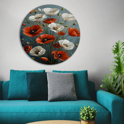 Rode en Witte Bloemen op Blauwe Achtergrond Schilderij aluminium muurcirkel