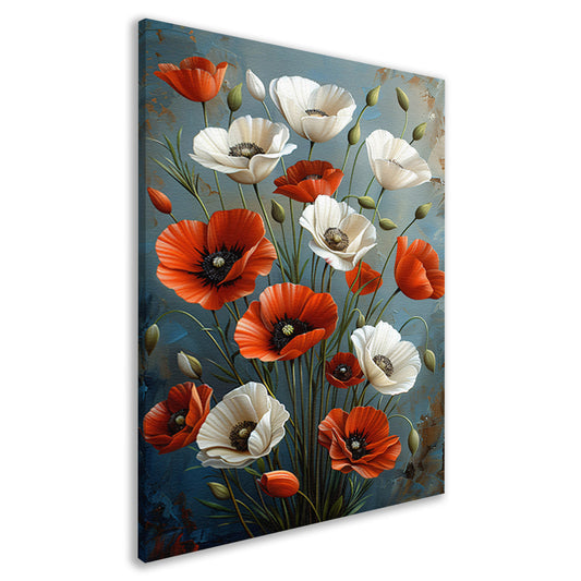 Rode en Witte Bloemen op Blauwe Achtergrond Schilderij canvas