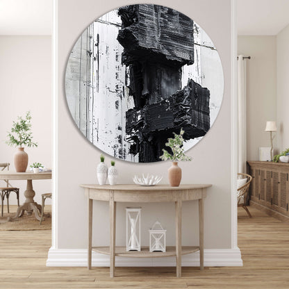 Abstract zwart-wit schilderij met texturen aluminium muurcirkel