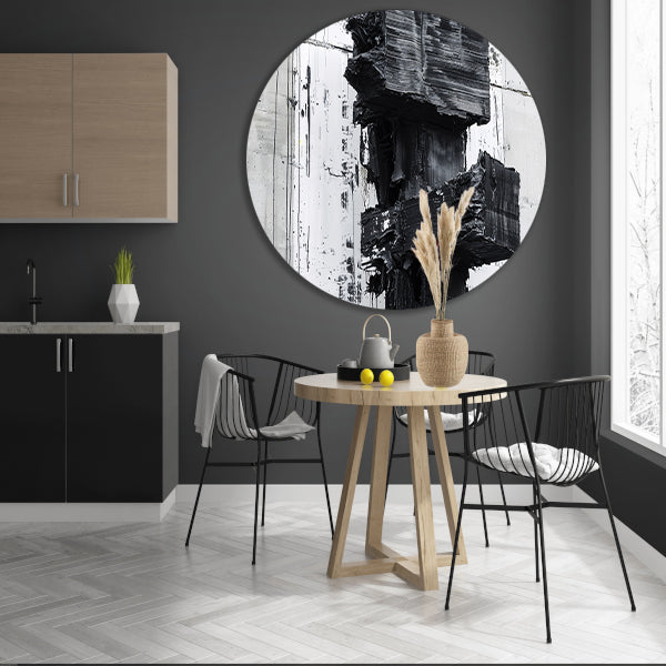 Abstract zwart-wit schilderij met texturen aluminium muurcirkel