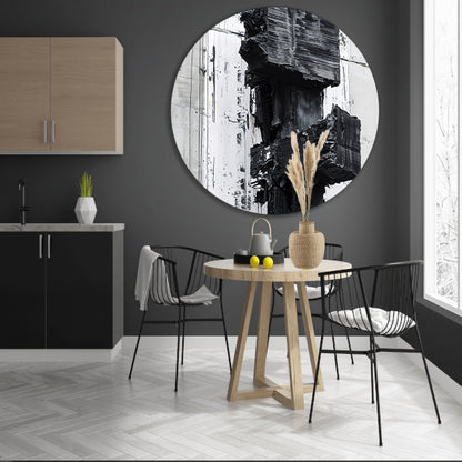 Abstract zwart-wit schilderij met texturen aluminium muurcirkel