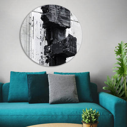 Abstract zwart-wit schilderij met texturen aluminium muurcirkel