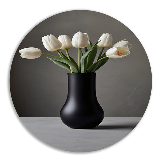 Minimalistische Witte Tulpen in Elegante Zwarte Vaas aluminium muurcirkel