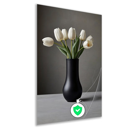 Minimalistische Witte Tulpen in Elegante Zwarte Vaas poster