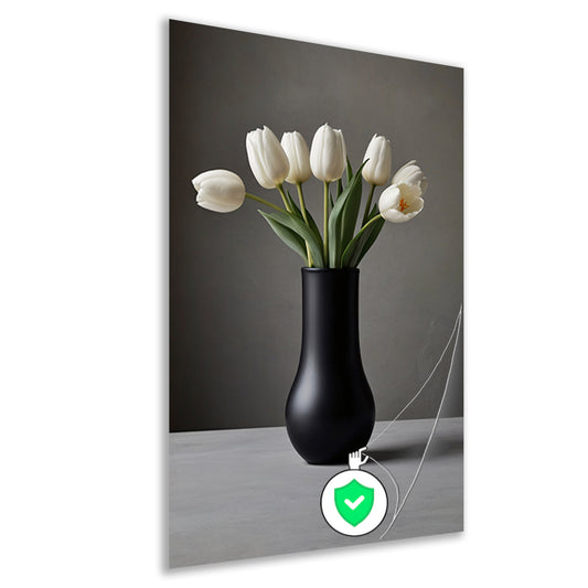 Minimalistische Witte Tulpen in Elegante Zwarte Vaas poster