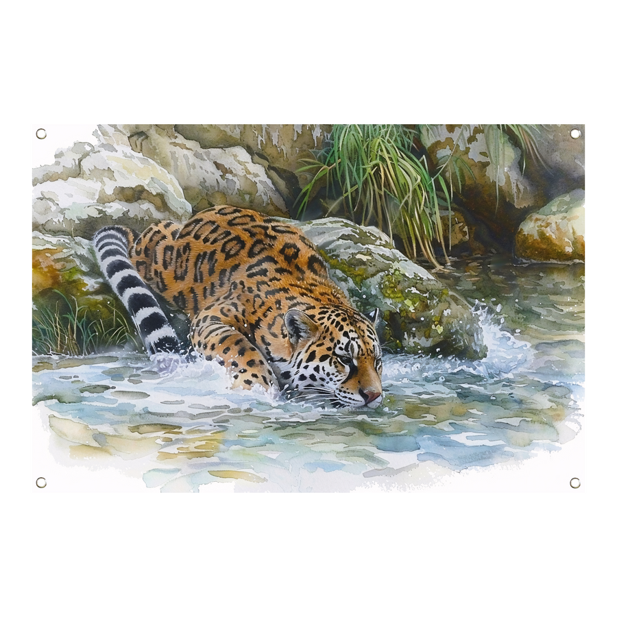 Realistische aquarel van een jaguar in water tuinposter