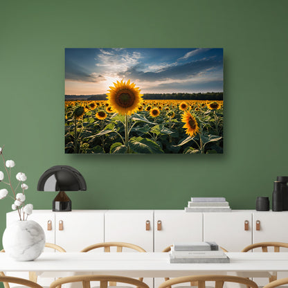 Veld vol zonnebloemen bij zonsondergang poster
