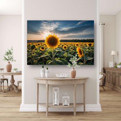 Veld vol zonnebloemen bij zonsondergang poster
