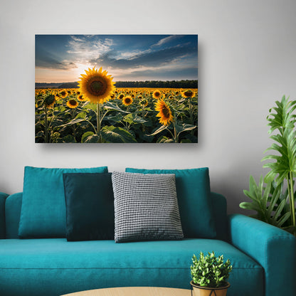 Veld vol zonnebloemen bij zonsondergang poster