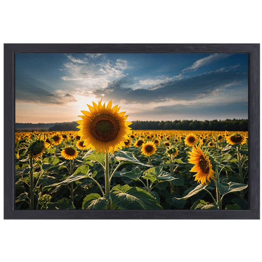 Veld vol zonnebloemen bij zonsondergang canvas met baklijst