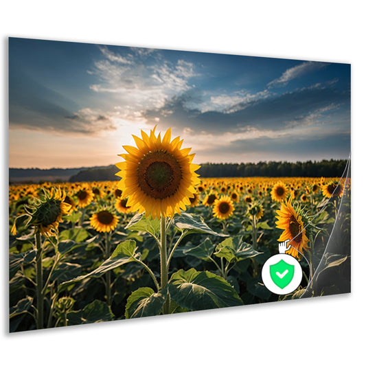 Veld vol zonnebloemen bij zonsondergang poster